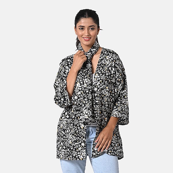 TAMSY Black Floral 3 Piece Kimono Scarf And Scrunchie Set - One Size Fits Most