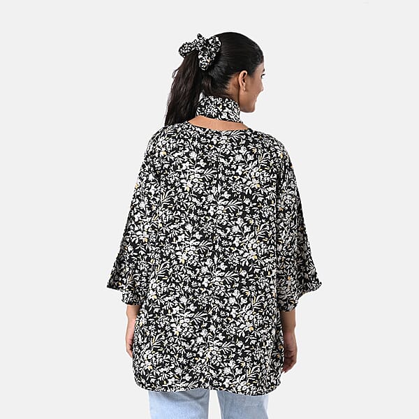 TAMSY Black Floral 3 Piece Kimono Scarf And Scrunchie Set - One Size Fits Most