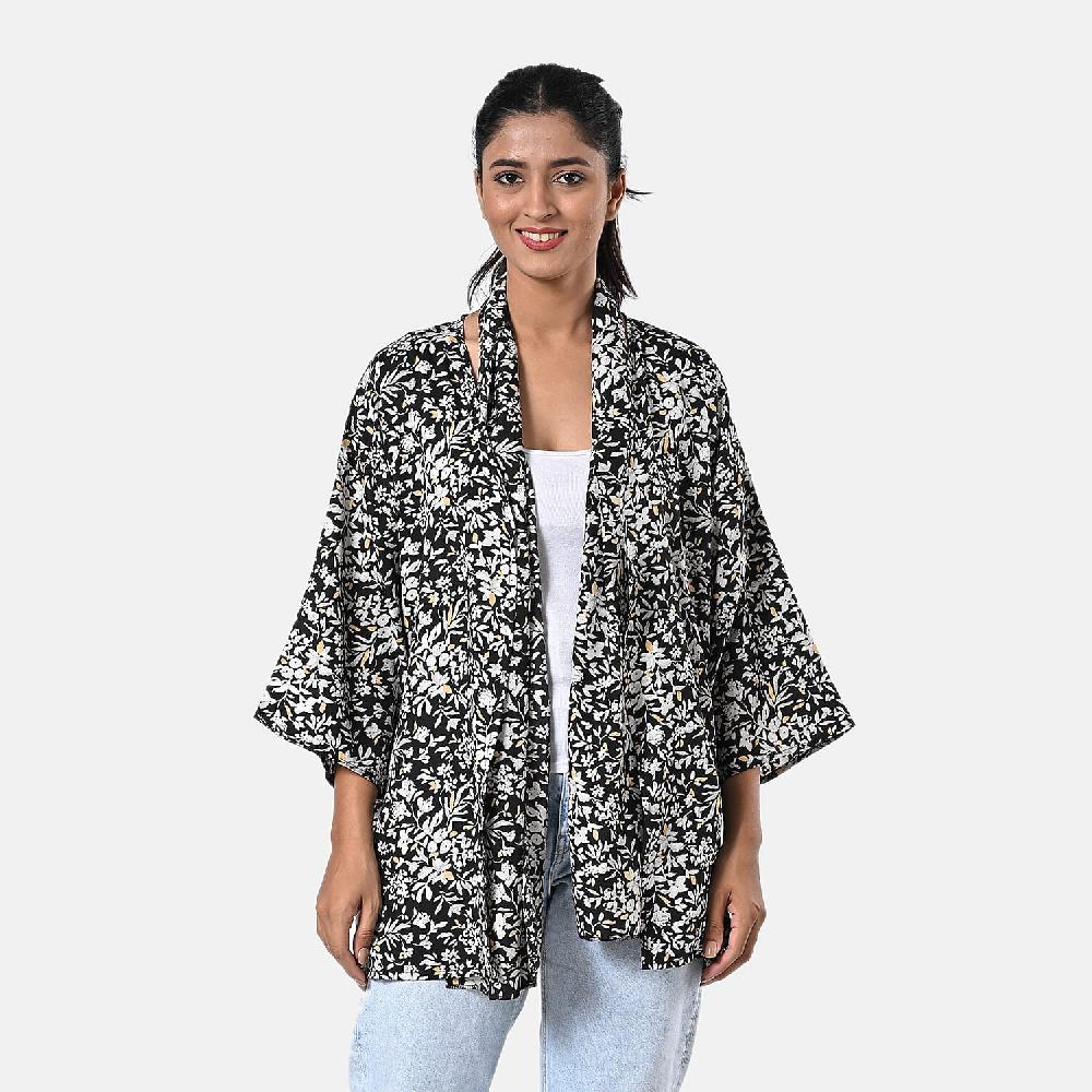 TAMSY Black Floral 3 Piece Kimono Scarf and Scrunchie Set - One Size Fits Most