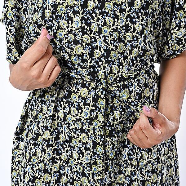 Tamsy Black Floral Polyester Crepe Kaftan Dress With Belt - One Size Fits Most