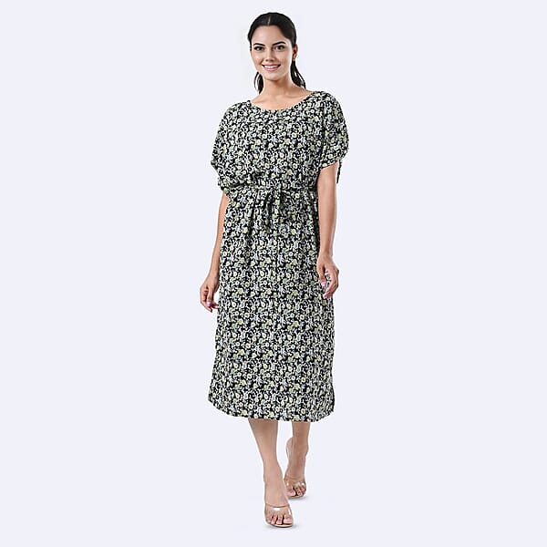 Tamsy Black Floral Polyester Crepe Kaftan Dress With Belt - One Size Fits Most