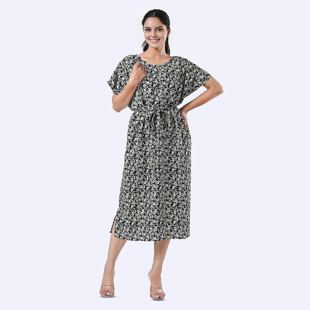 Tamsy Black Floral Polyester Crepe Kaftan Dress with Belt - One Size Fits Most