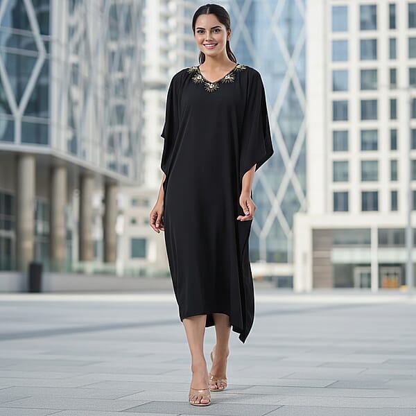 Tamsy Black Gold Bead And Crystal Polyester Crepe Kaftan - One Size Fits Most