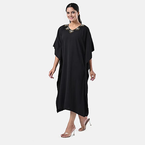 Tamsy Black Gold Bead And Crystal Polyester Crepe Kaftan - One Size Fits Most