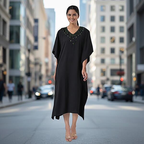 Tamsy Black Green Bead And Crystal Polyester Crepe Kaftan - One Size Fits Most