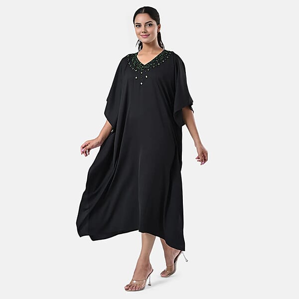 Tamsy Black Green Bead And Crystal Polyester Crepe Kaftan - One Size Fits Most