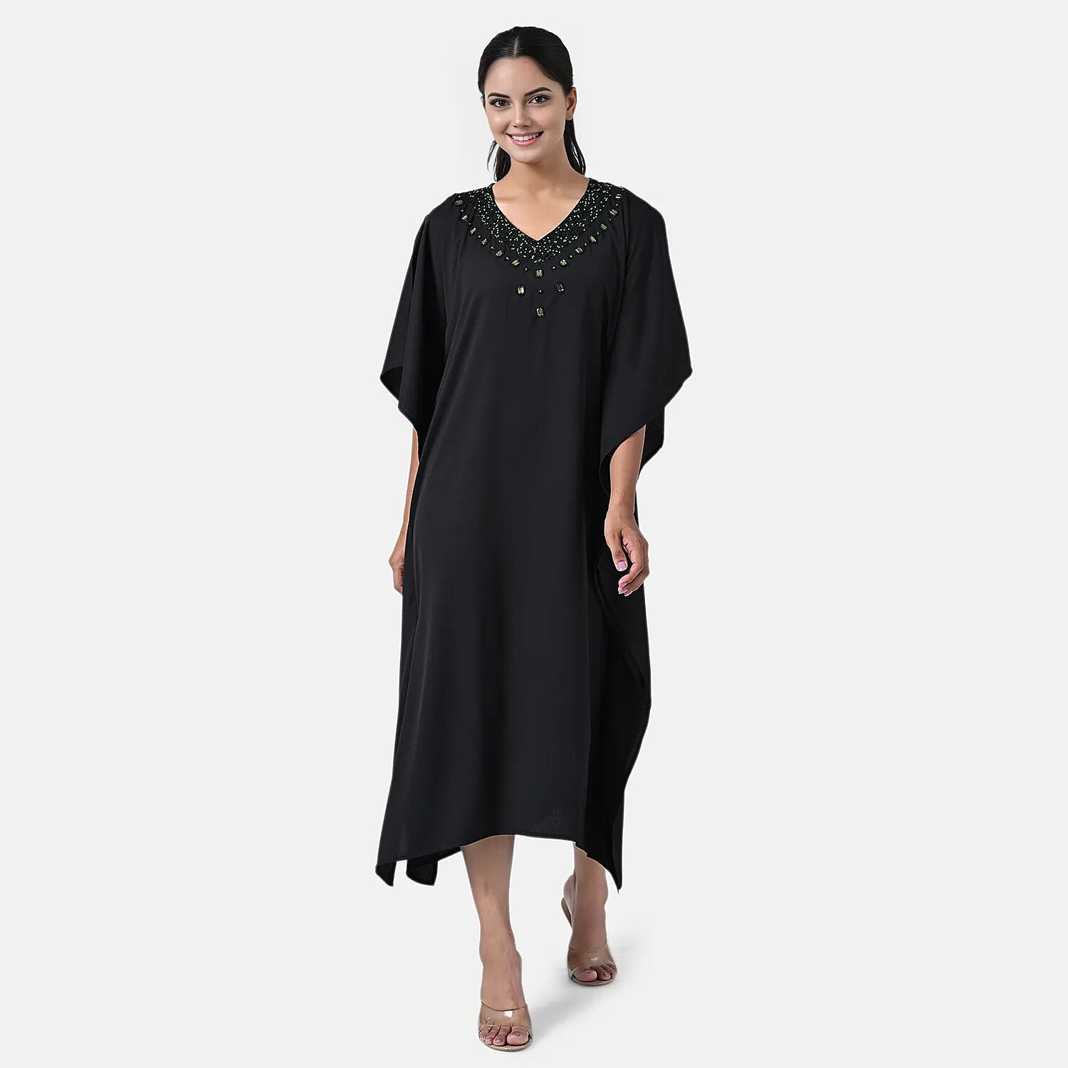 Tamsy Black Green Bead and Crystal Polyester Crepe Kaftan - One Size Fits Most