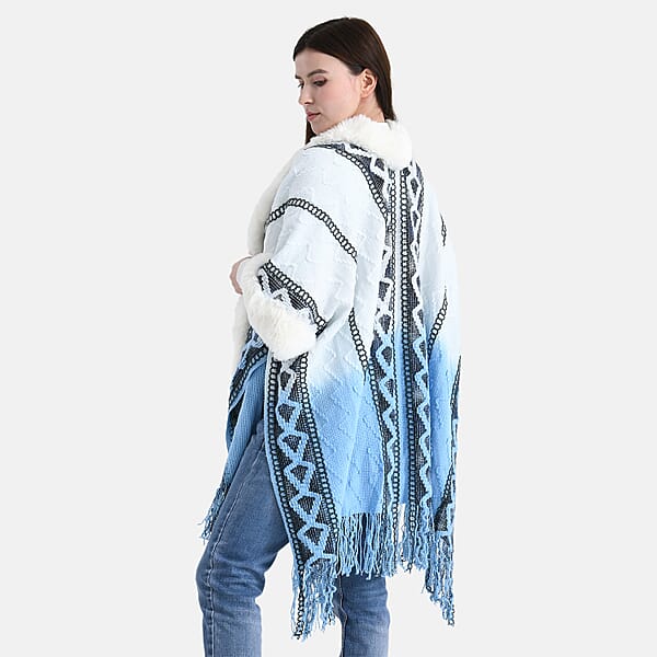 Tamsy Black Kite Shape Embroidered Poncho With Faux Fur Trime And Fringe