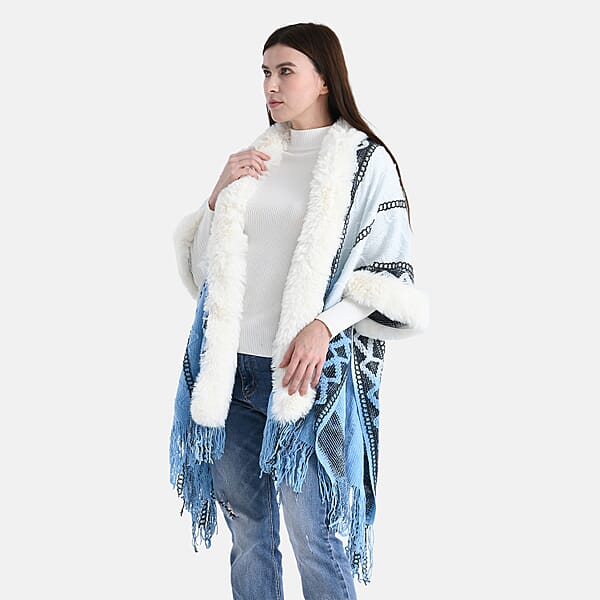 Tamsy Black Kite Shape Embroidered Poncho With Faux Fur Trime And Fringe