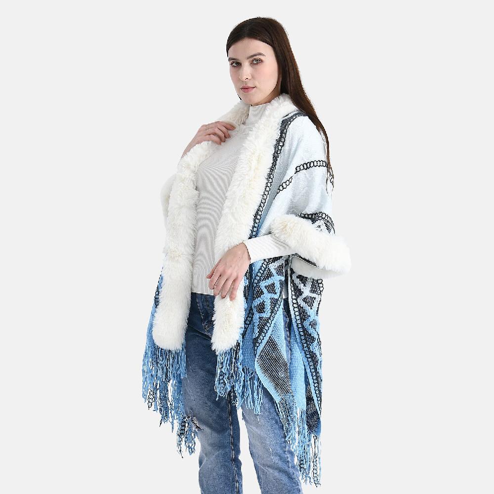 Tamsy Black Kite Shape Embroidered Poncho with Faux Fur Trime and Fringe