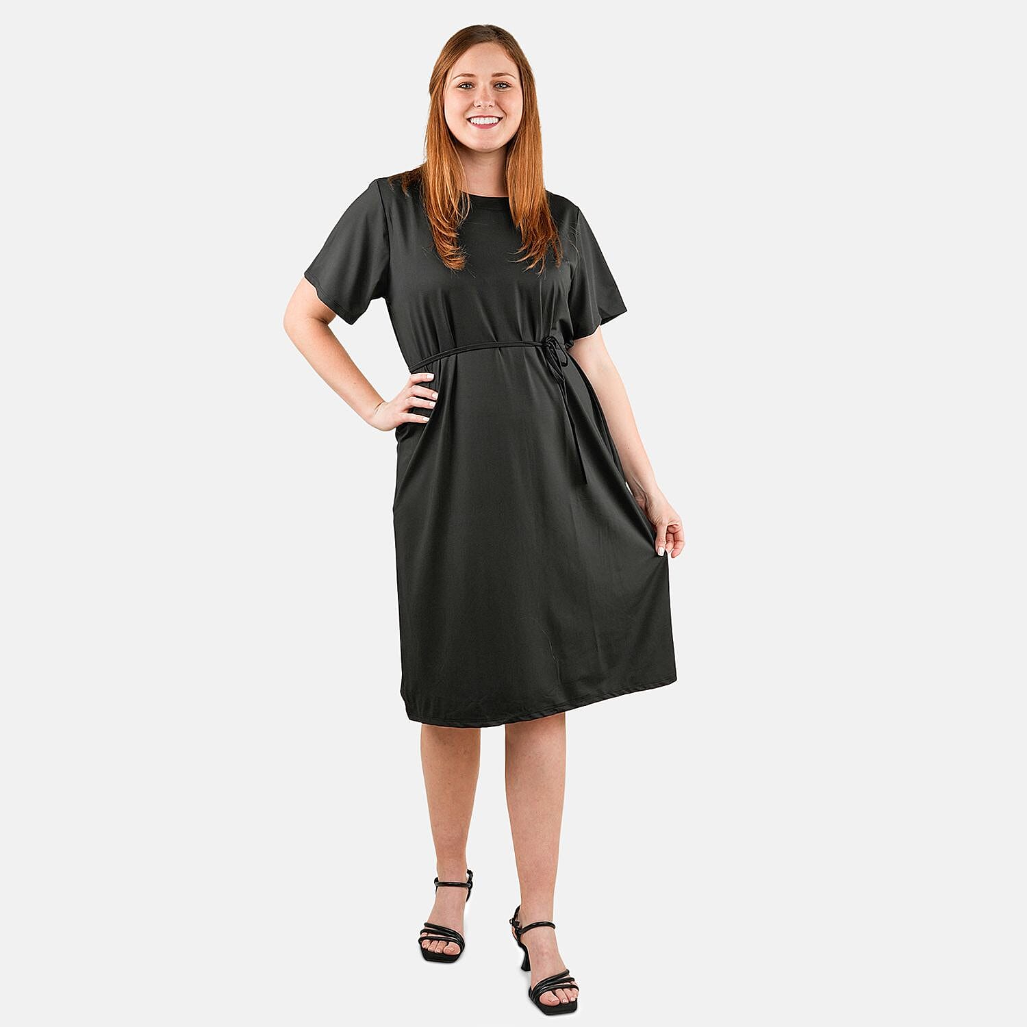 Tamsy Black Midi Dress with Removable Waist Tie - US Medium