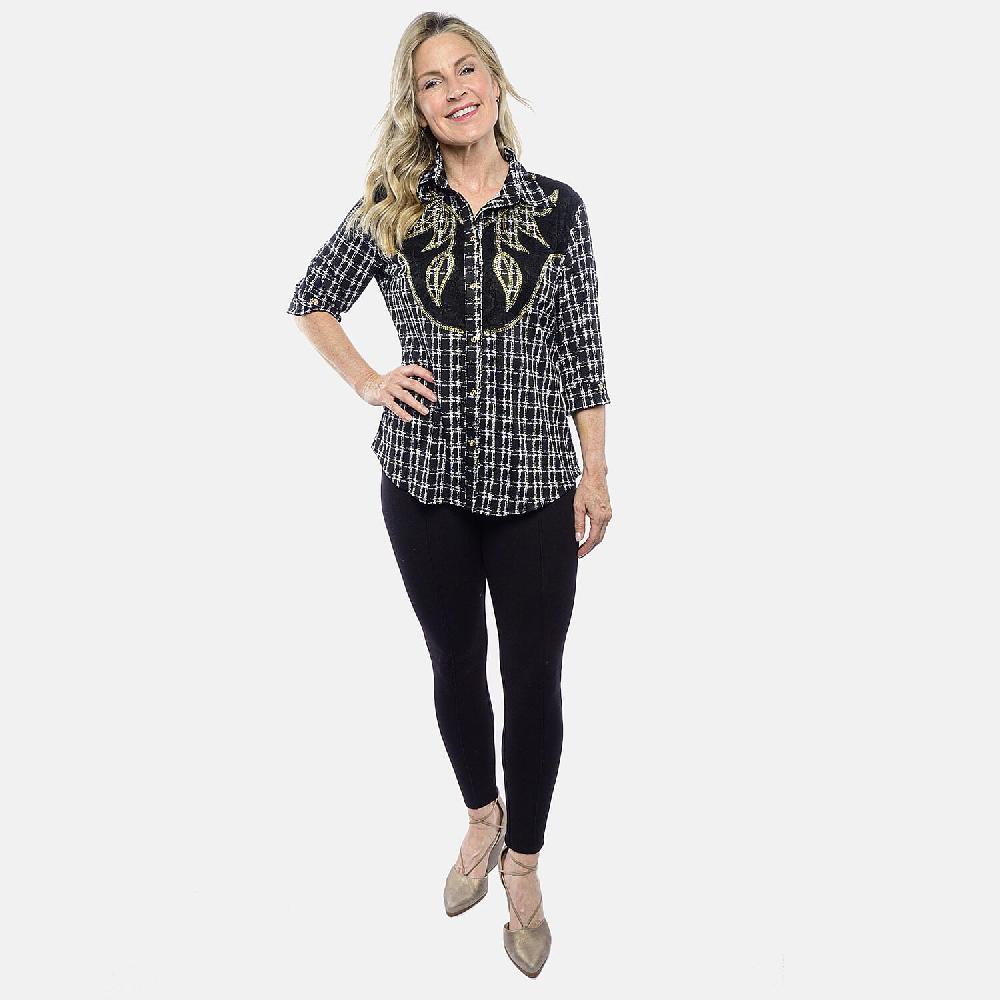 Tamsy Black Plaid Crystal Leaf Button-Up Collared Blouse – S/M