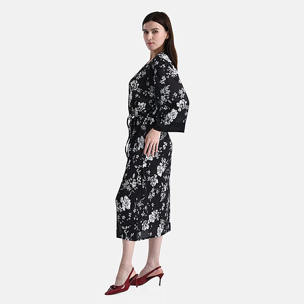 TAMSY Black Pleated 3/4 Sleeve Midi Dress With Waist Tie Belt - One Size Fits Most
