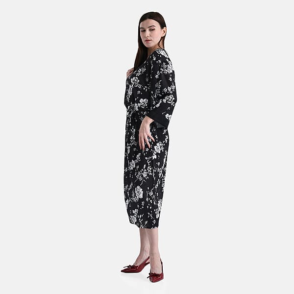 TAMSY Black Pleated 3/4 Sleeve Midi Dress With Waist Tie Belt - One Size Fits Most