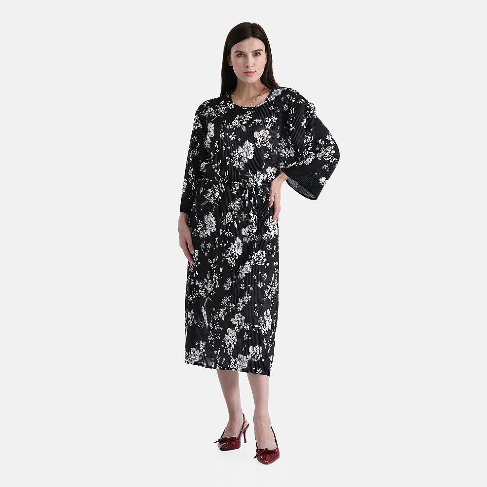 TAMSY Black Pleated 3/4 Sleeve Midi Dress with Waist Tie Belt - One Size Fits Most