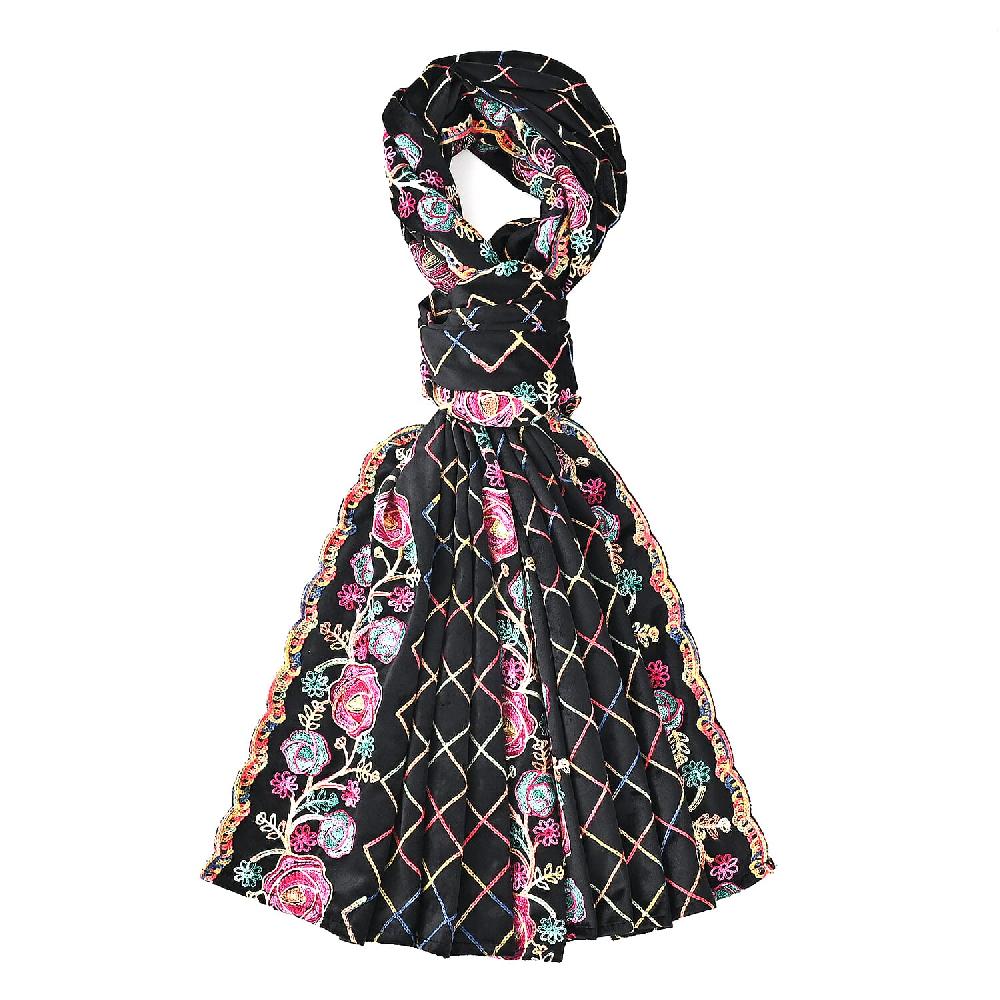 TAMSY Black Rose Floral Embroidered Polyester Scarf - One Size