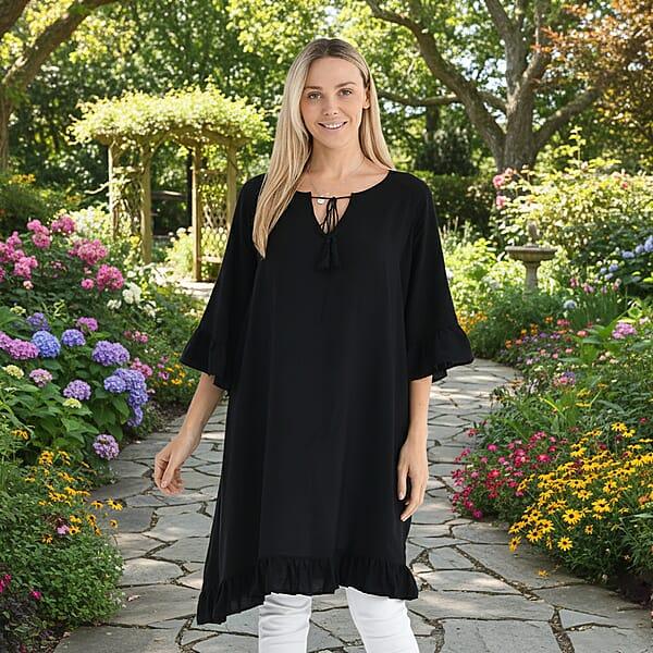 Tamsy Black Ruffle Hem Blouse With Tassel Neck Tie - One Size Fits Most