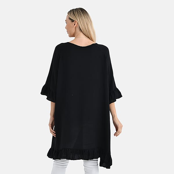 Tamsy Black Ruffle Hem Blouse With Tassel Neck Tie - One Size Fits Most