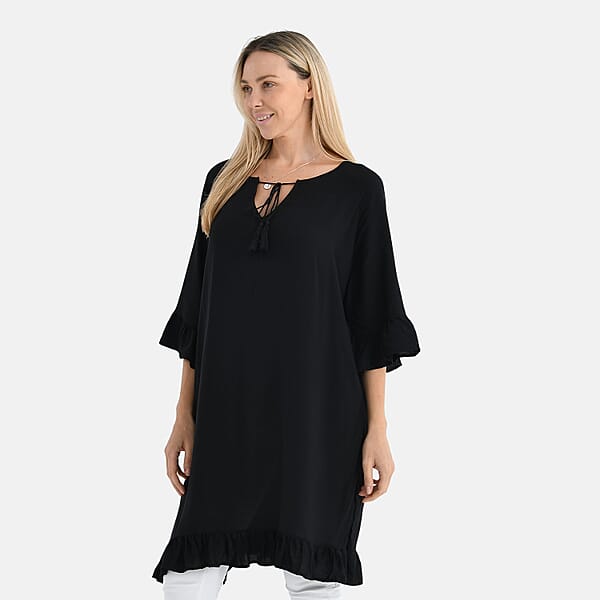 Tamsy Black Ruffle Hem Blouse With Tassel Neck Tie - One Size Fits Most