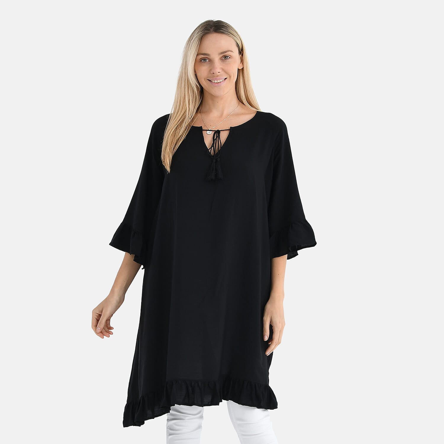 Tamsy Black Ruffle Hem Blouse with Tassel Neck Tie - One Size Fits Most