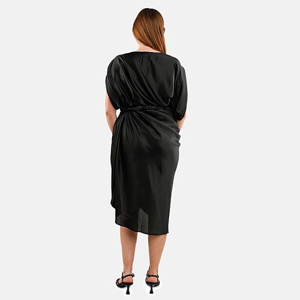 Tamsy Black Satin Drape Dress With Removable Rose Stretch Belt – One Size Fits Most