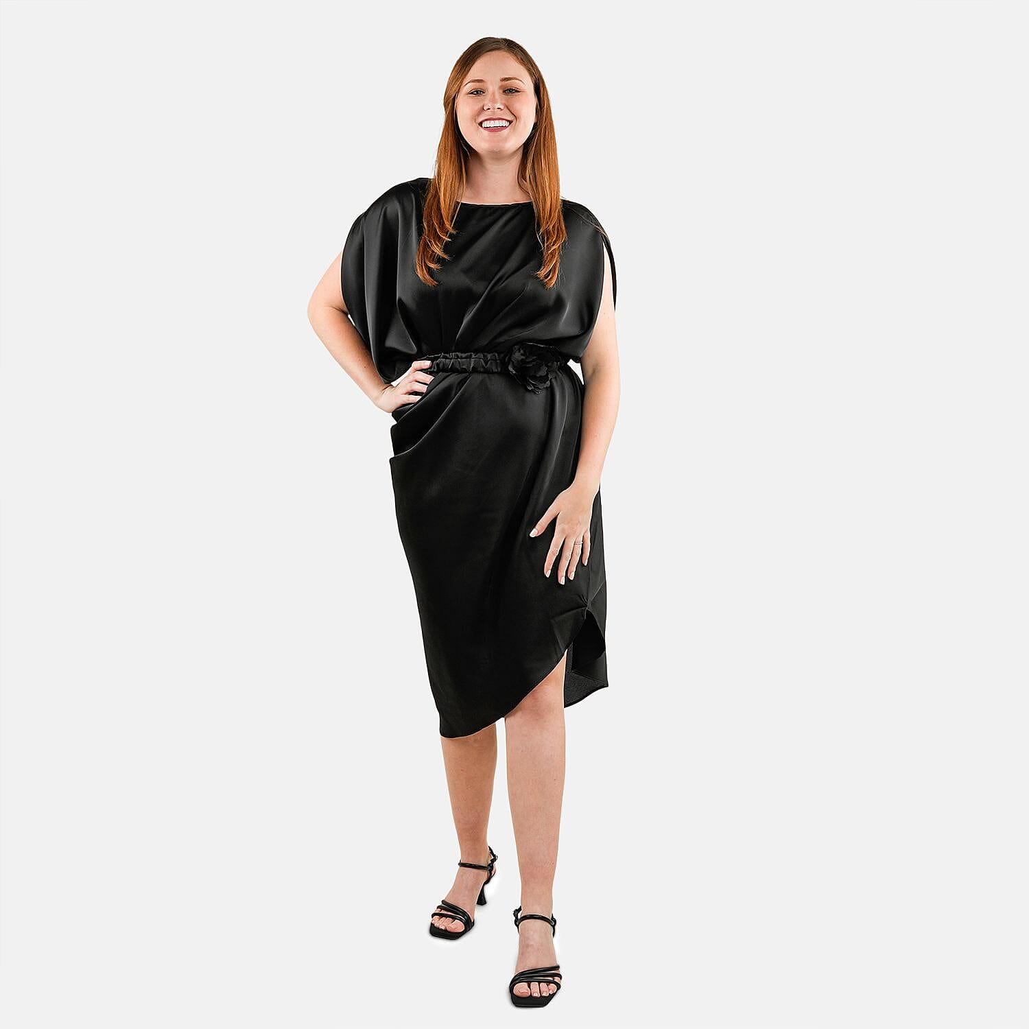 Tamsy Black Satin Drape Dress With Removable Rose Stretch Belt – One Size Fits Most