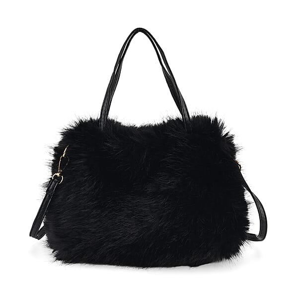 Tamsy Black Solid Bucket Fur Hat Set With Bag