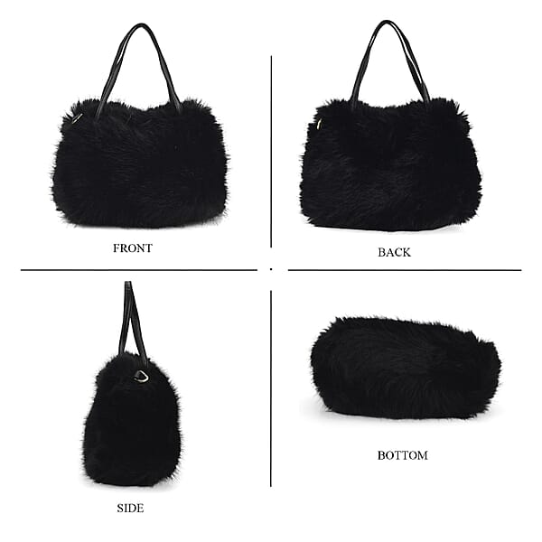 Tamsy Black Solid Bucket Fur Hat Set With Bag