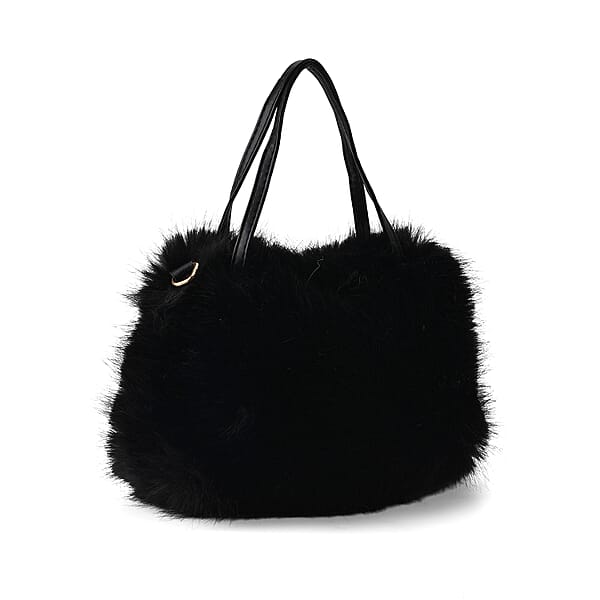 Tamsy Black Solid Bucket Fur Hat Set With Bag