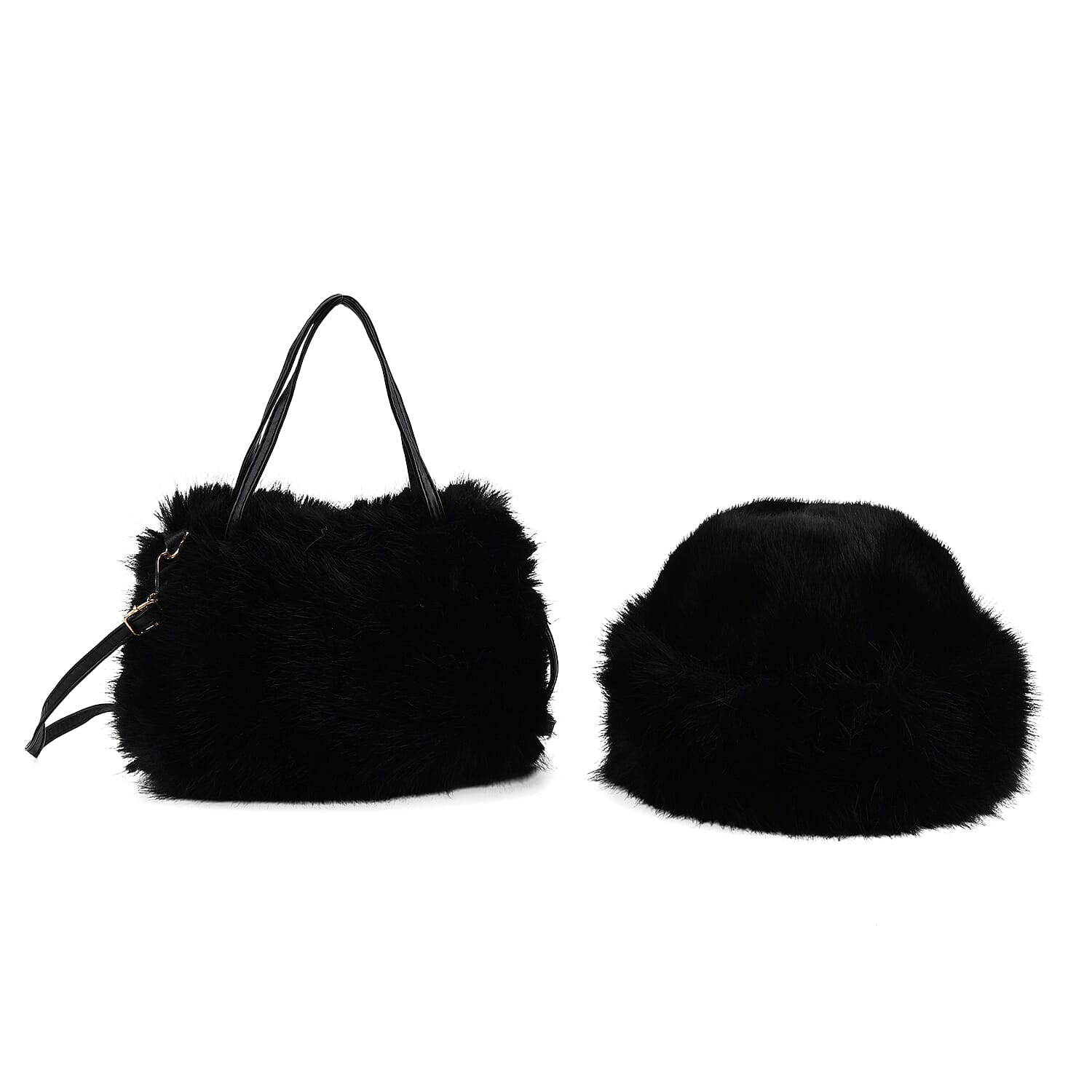Tamsy Black Solid Bucket Fur Hat Set With Bag