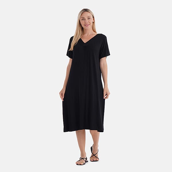 TAMSY Black Solid Knit Summer House Dress With Sleeves - One Size Fits Most