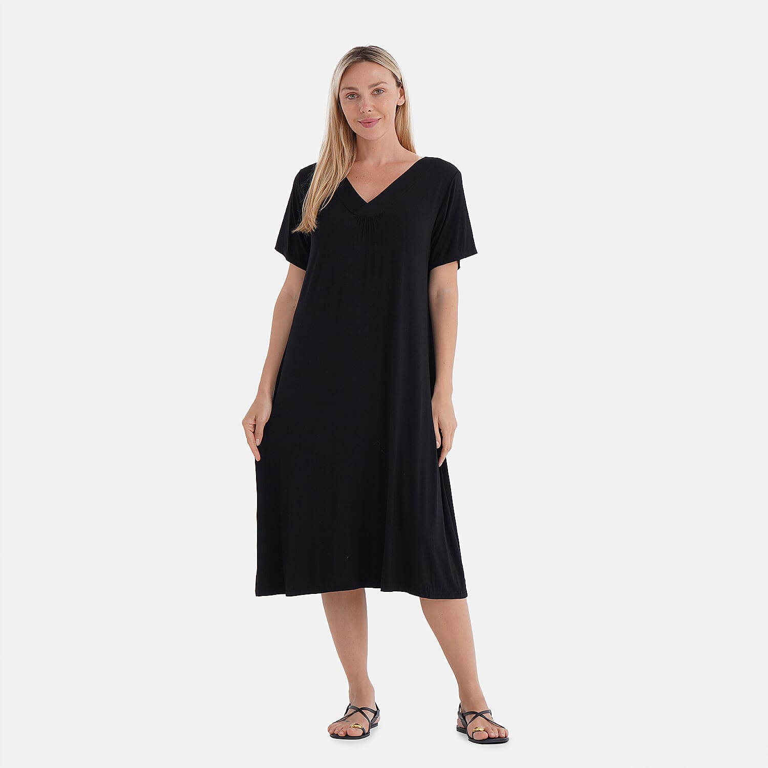 TAMSY Black Solid Knit Summer House Dress with Sleeves - One Size Fits Most