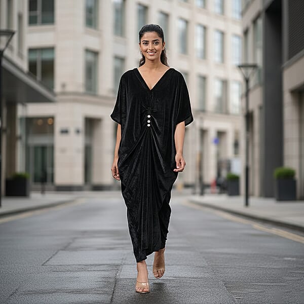 TAMSY Black Stretch Velvet Drape Kaftan Dress With Front Button Detail- One Size Fits Most