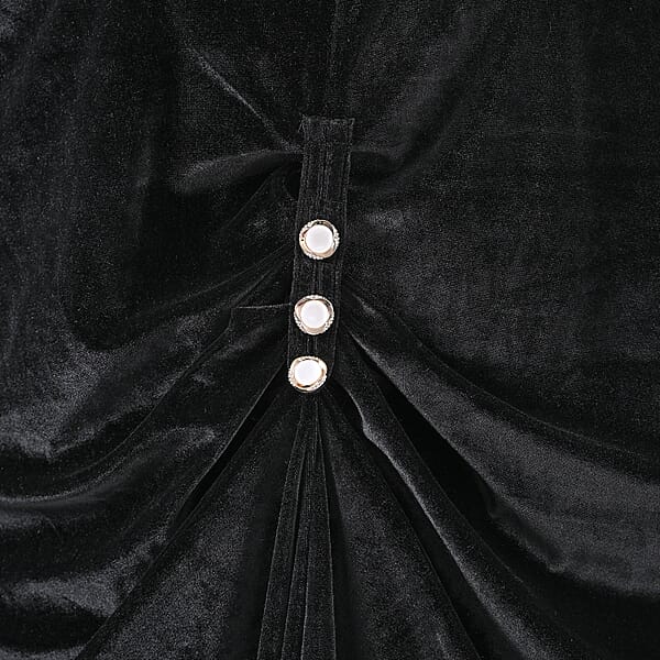 TAMSY Black Stretch Velvet Drape Kaftan Dress With Front Button Detail- One Size Fits Most