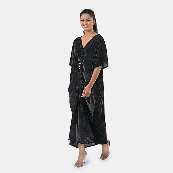 TAMSY Black Stretch Velvet Drape Kaftan Dress With Front Button Detail- One Size Fits Most