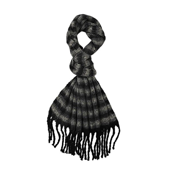 TAMSY Black Striped Metallic Thread Soft Plush Scarf With Fringe– One Size