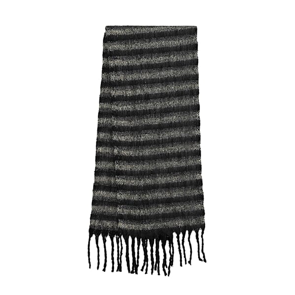 TAMSY Black Striped Metallic Thread Soft Plush Scarf With Fringe– One Size