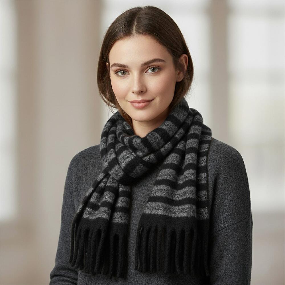 TAMSY Black Striped Metallic Thread Soft Plush Scarf with Fringe– One Size