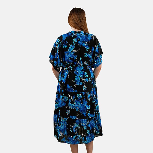 Tamsy Blue Floral Front Placket Shirt Dress With Fabric Waist Tie - One Size Fits Most