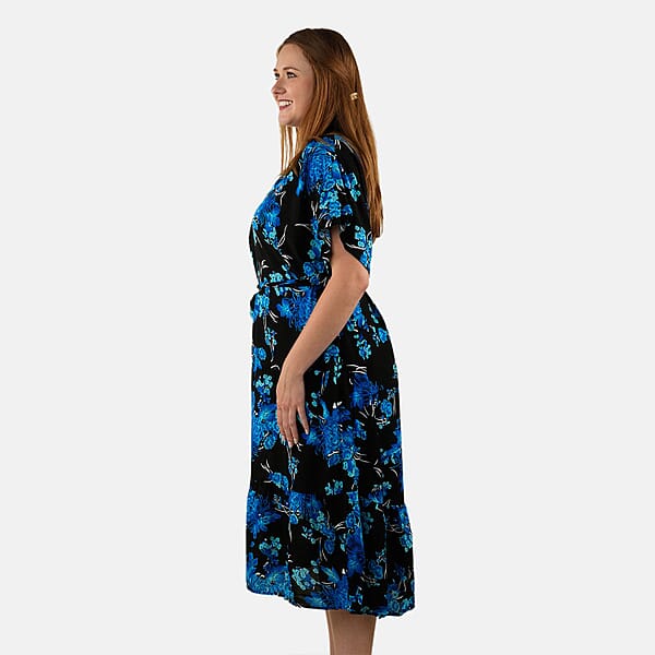 Tamsy Blue Floral Front Placket Shirt Dress With Fabric Waist Tie - One Size Fits Most