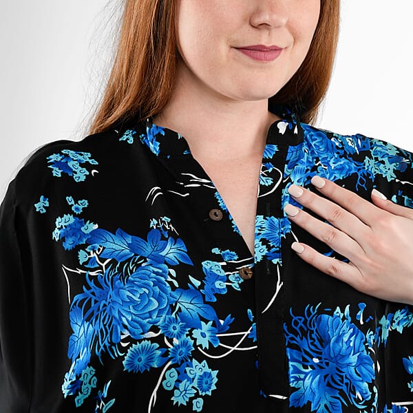 Tamsy Blue Floral Front Placket Shirt Dress With Fabric Waist Tie - One Size Fits Most