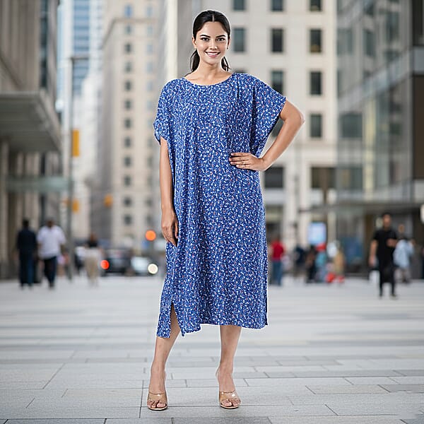 Tamsy Blue Floral Polyester Crepe Kaftan Dress With Belt - One Size Fits Most