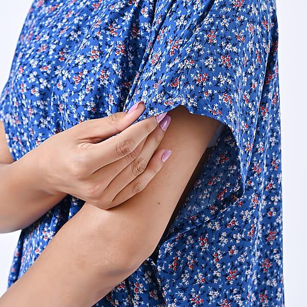 Tamsy Blue Floral Polyester Crepe Kaftan Dress With Belt - One Size Fits Most