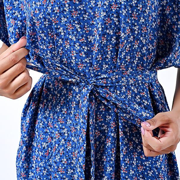 Tamsy Blue Floral Polyester Crepe Kaftan Dress With Belt - One Size Fits Most