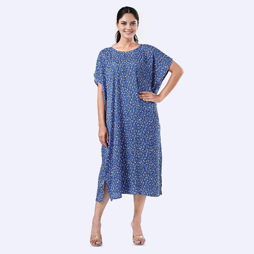 Tamsy Blue Floral Polyester Crepe Kaftan Dress with Belt - One Size Fits Most
