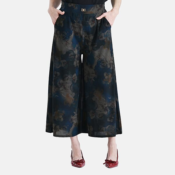 TAMSY Blue Floral Printed Wide Leg Capri Pant With Pockets - S/M