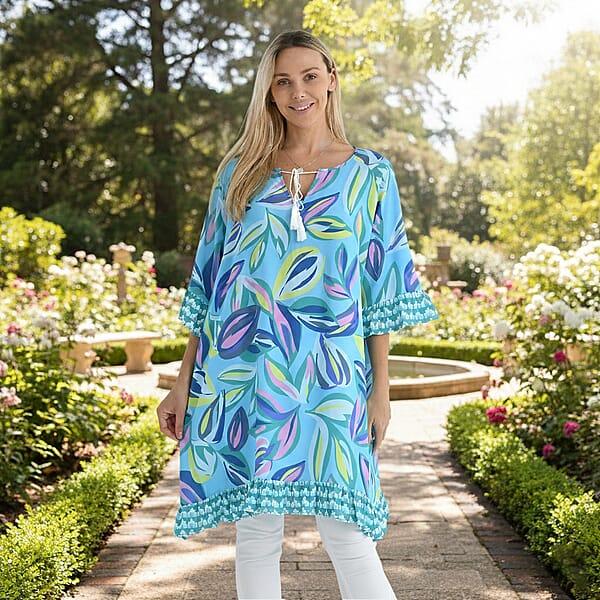 Tamsy Blue Leaf Ruffle Hem Blouse With Tassel Neck Tie - One Size Fits Most