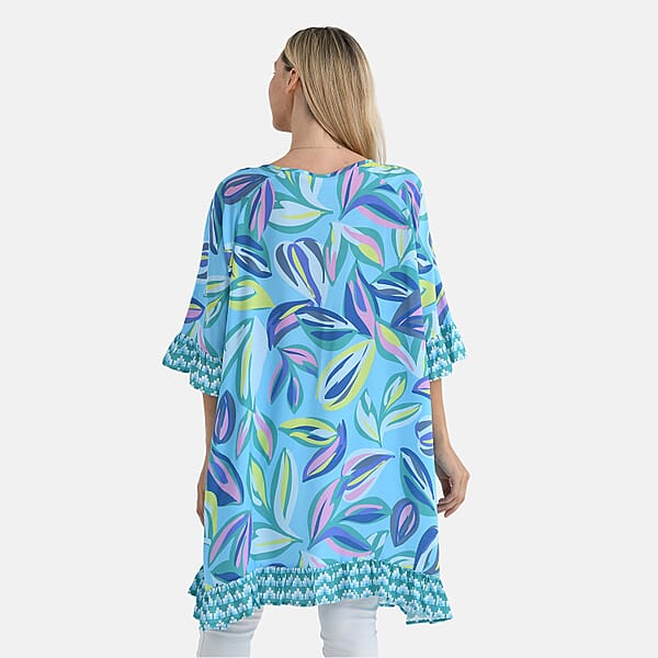 Tamsy Blue Leaf Ruffle Hem Blouse With Tassel Neck Tie - One Size Fits Most