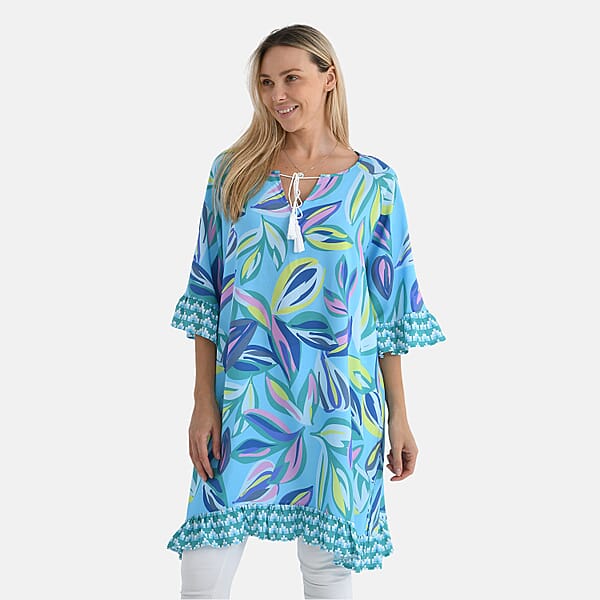 Tamsy Blue Leaf Ruffle Hem Blouse With Tassel Neck Tie - One Size Fits Most