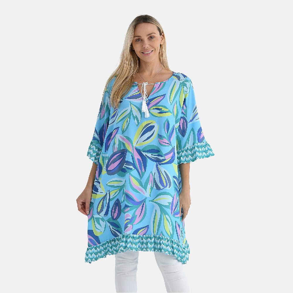 Tamsy Blue Leaf Ruffle Hem Blouse with Tassel Neck Tie - One Size Fits Most